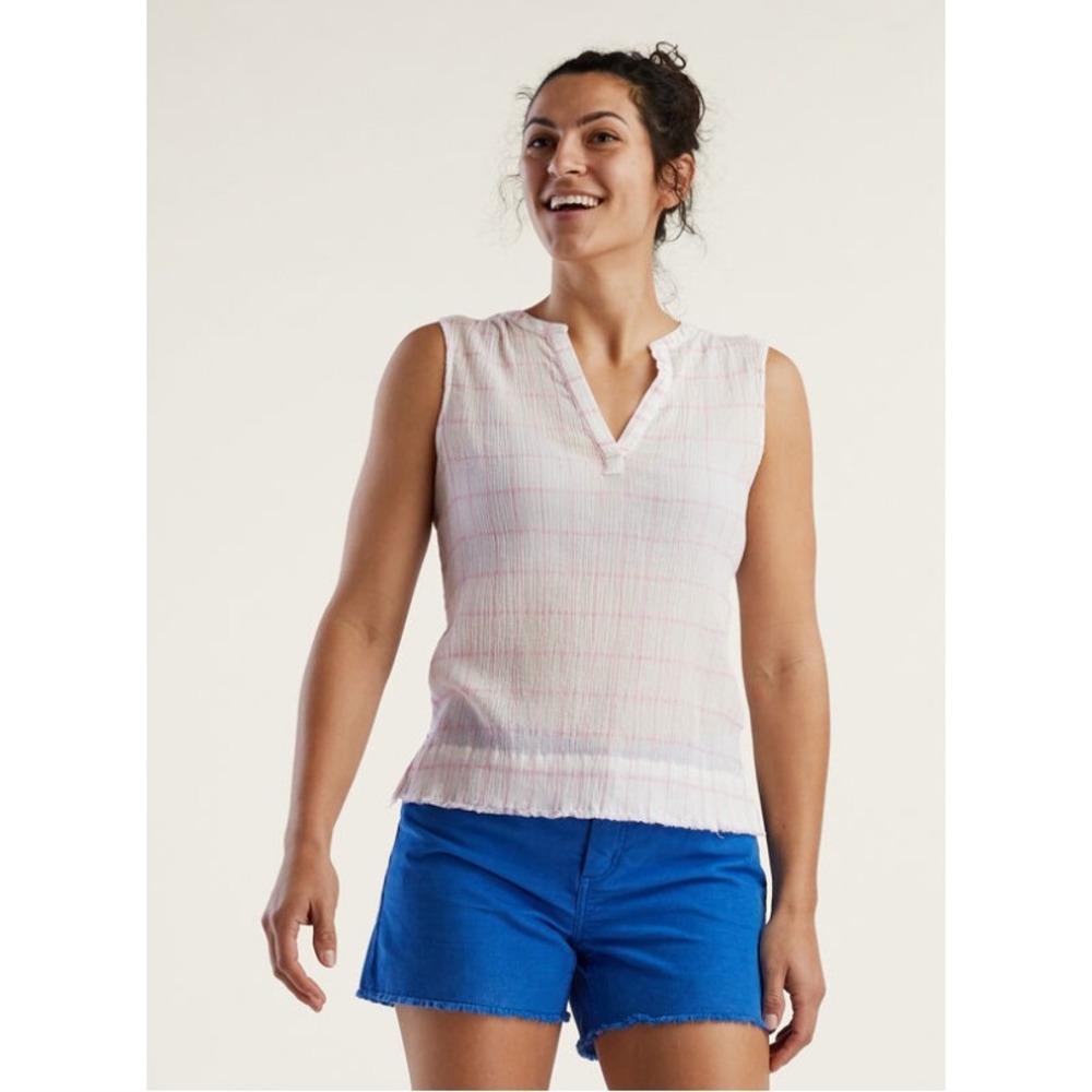 Carve Designs Moorea Gauze Sleeveless Blouse White Pink Plaid Cotton Top Size S